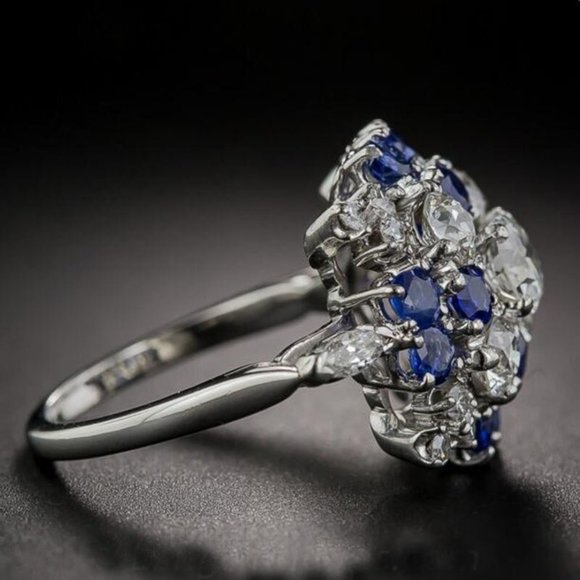 14k White Gold 💎Diamond Sapphire Starburst Dinner Ring, F288 - Picture 10 of 12